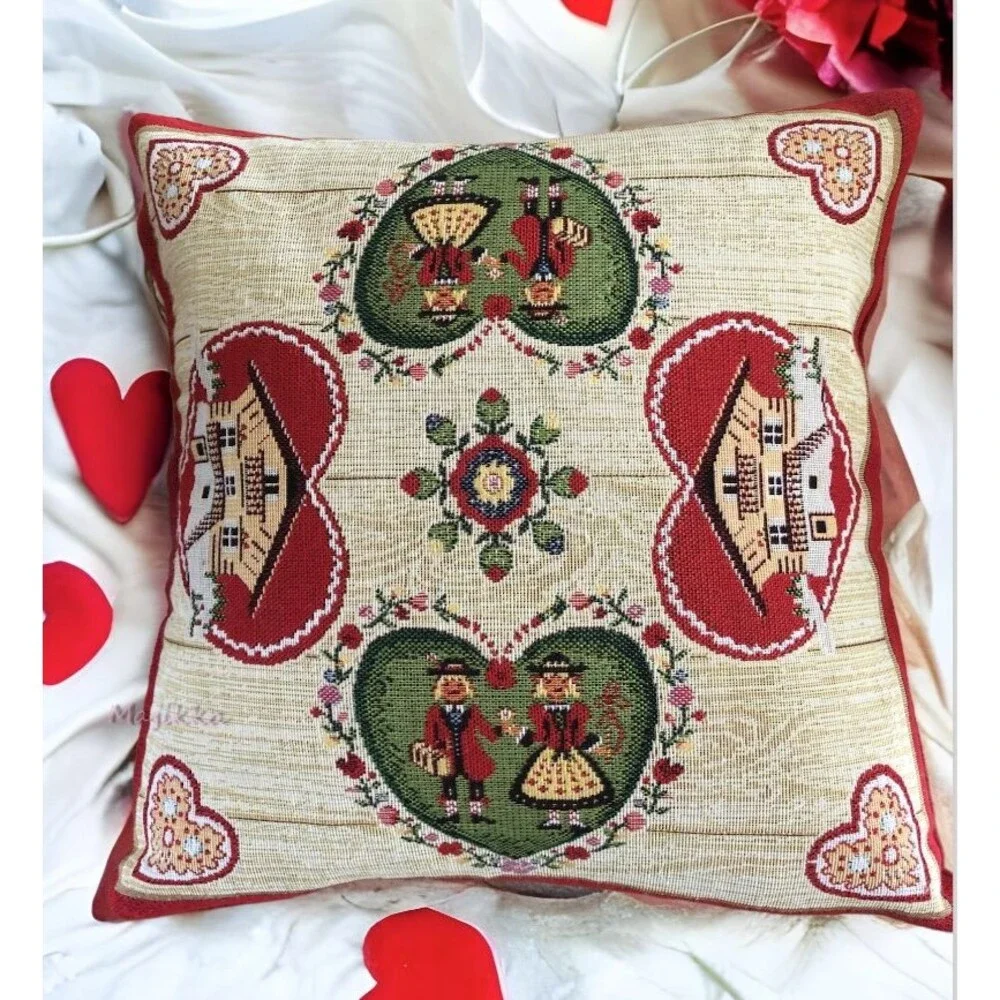 Hines Of Oxford Throw Pillow Tapestry Embroidered Nordic Hearts Made in UK 13x13